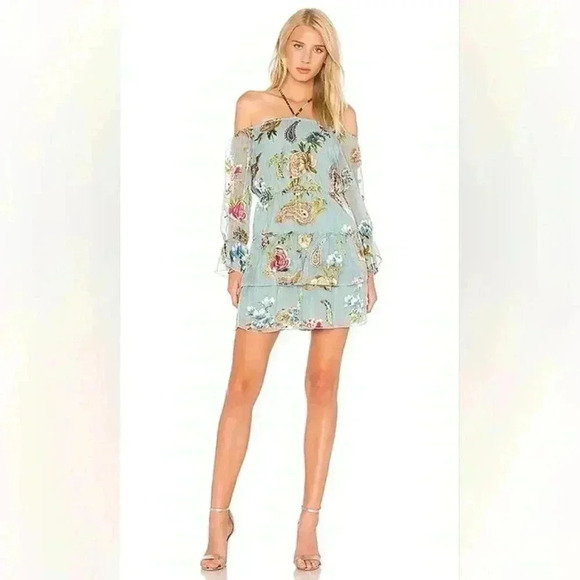 Alice & Olivia Waylon Off The Shoulder Blouson Mini Dress Boho Multi Floral - Picture 10 of 14
